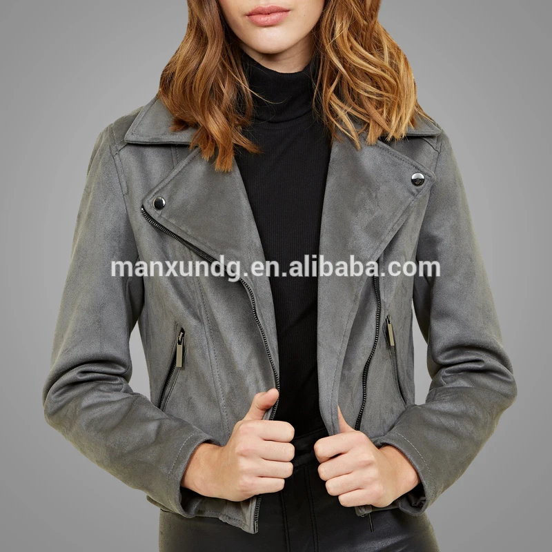 New Model High Fashion Plain Grey Long Sleeve Faux Suede Coat Jacket Wholesale Custom Cool Leather Biker Jacket 2019