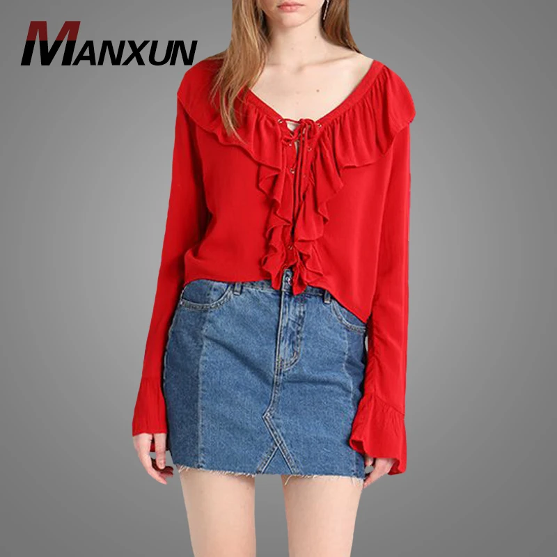 2018 Autumn New Fashion Women Ruffle Sleeve Tops Blouse Custom Made V Neck Casual Chiffon Blouse