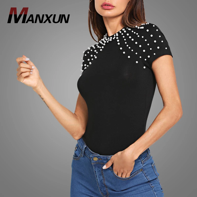 New Fashion Pearl Bead Fitting Tee T Shirt Black Dry Fit Women Short Sleeve T-Shirt 2018