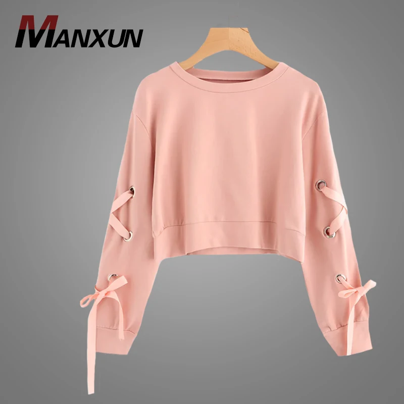 Top Quality Online Pink Sweatshirt Latest Silk Ribbon Sleeve Design Plain Blank Hoody Fleece Women Clothing