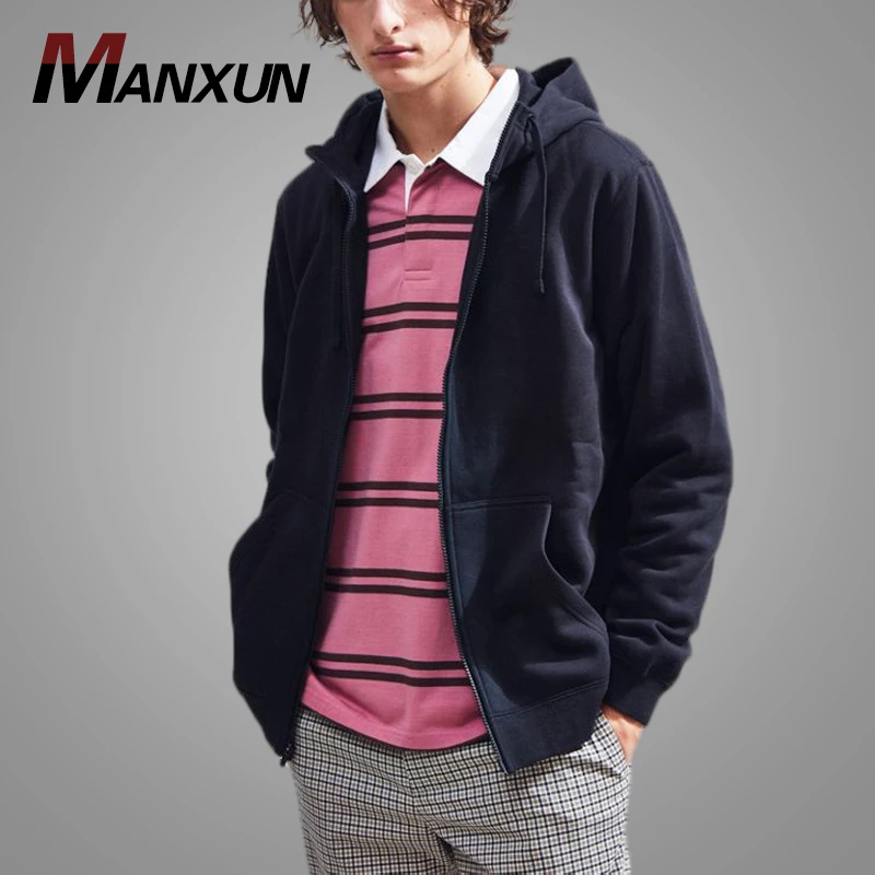 Fashion Dark Blue Plain Zip Up Mens Hoodie Autumn Jacket Outerwear Custom Sweatshirt Men