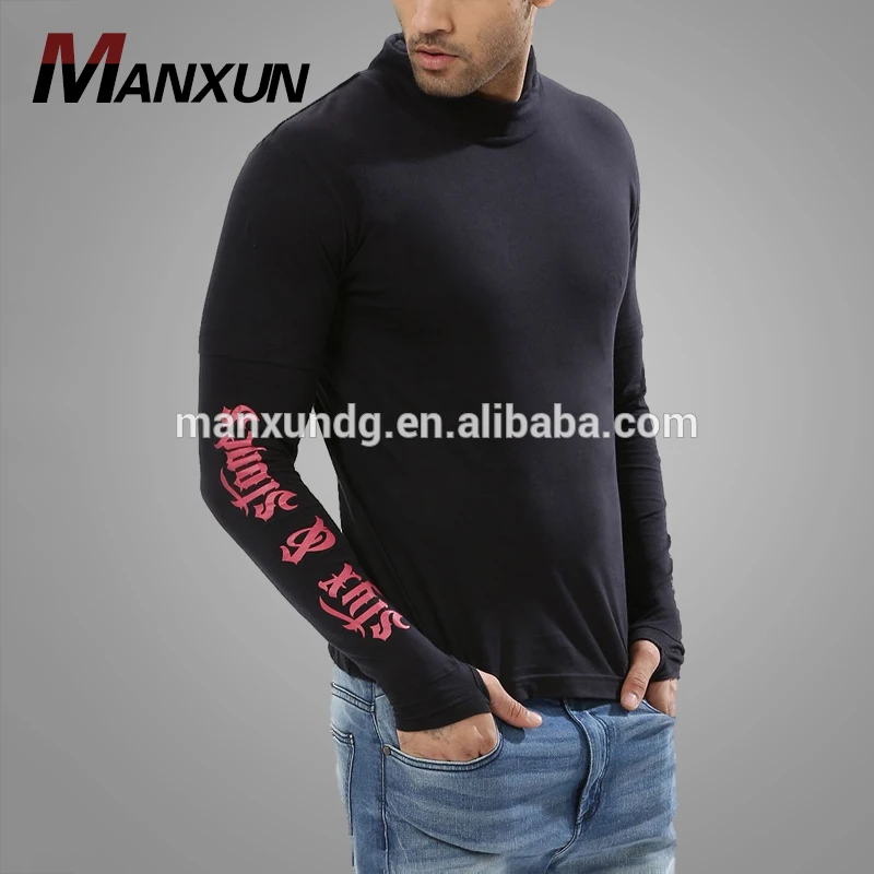 Custom Slogan Super Soft Cotton Slim Tshirt High Neck T Shirt With Extended Long Sleeves For Men