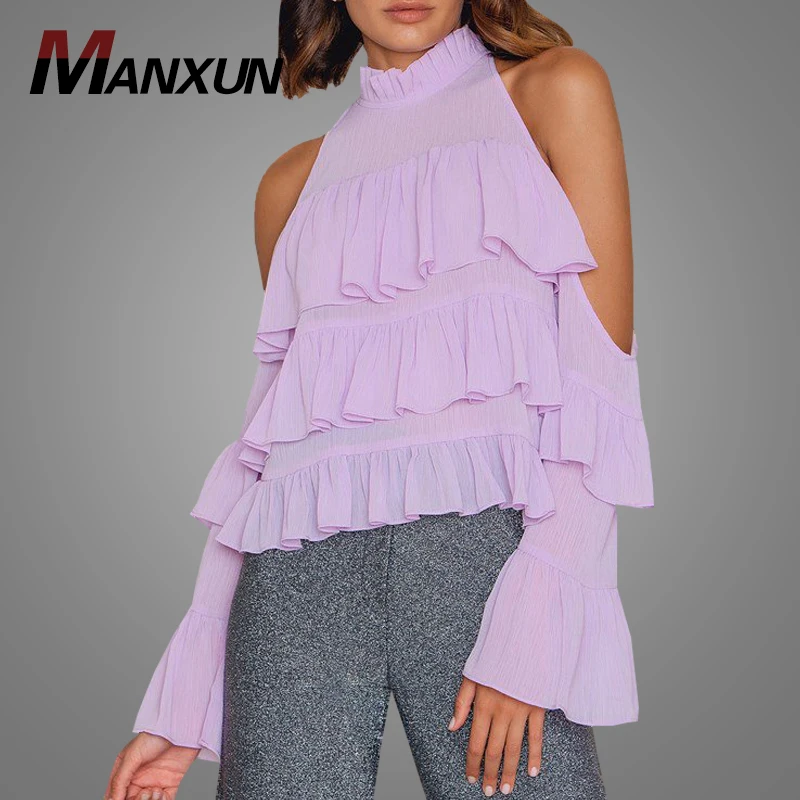 2019 Hot Product Plain Purple High Neck Blouse And Tops Sexy Cold Shoulder Plus Size Ruffle Chiffon Blouse Tops For Girls