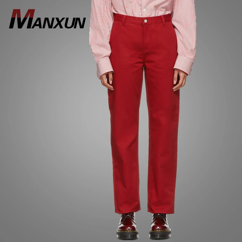 Wholesale Red Jeans Straight Female Trouser Pants Simple Slim Fit Vintage Women Pants 2018