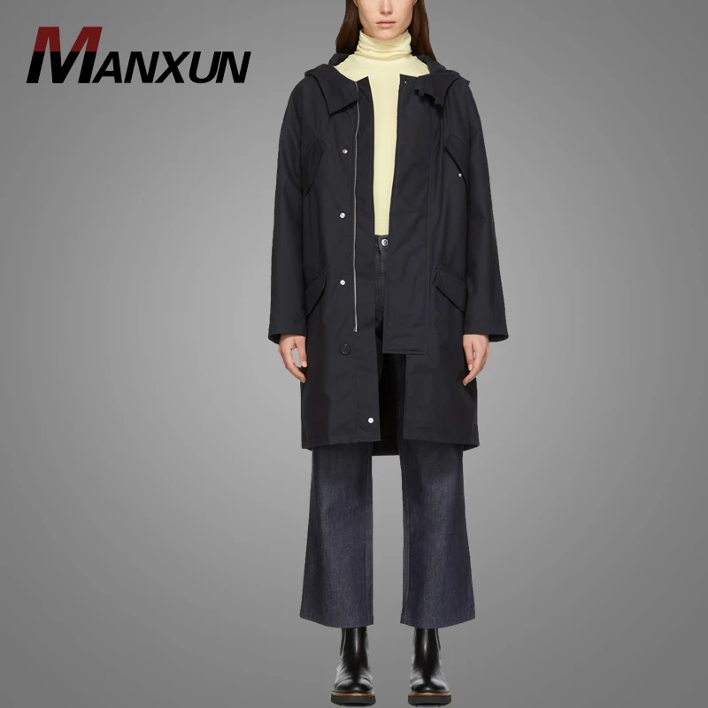 High Quality Water-repellant Hooded Cotton Parka Cost Dark Navy Women Long Parka Jacket