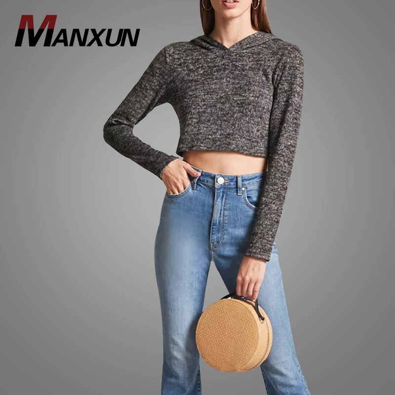 Newest Long Sleeve Brush Ladies Knit Crop Hoodie Fitness Sport Crop Top Plain Sexy Sweaters