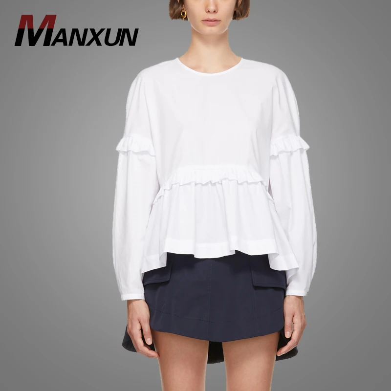 High Quality Drop Hem Warp Blouse Ruffle Puff Ladies White Plain Blouse & Top 2018