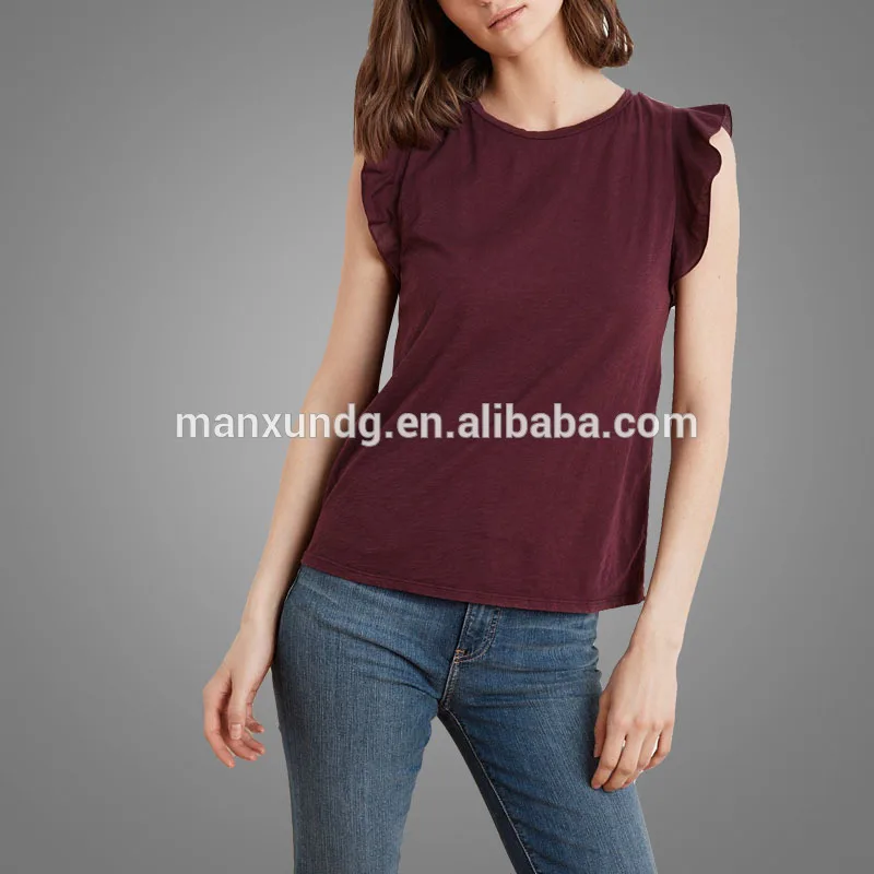 Fashion Tees Shirts For Ladies Cropped Marvel Cotton Slub Ruffle Sleeves Tee Custom T shirt Printing