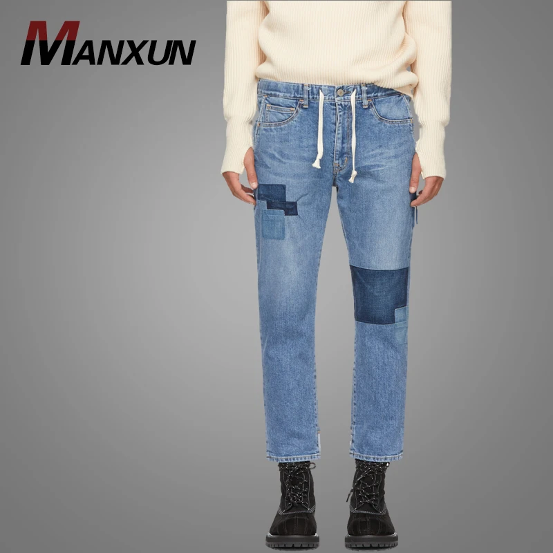Custom Slim Fit Stretch Denim Jeans Wash Blue ColorBlock Patch Casual Jeans Pants For Mens