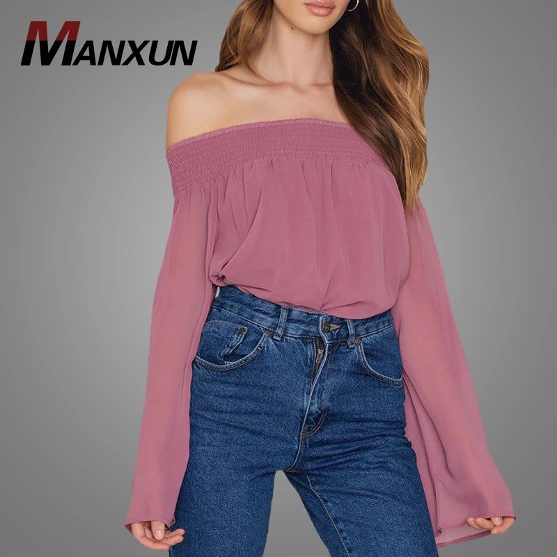 Hot selling Latest Fashion Women Pink Big Sleeves Blouse Sexy Off Shoulder Loose Chiffon Blouse Tops Wholesale
