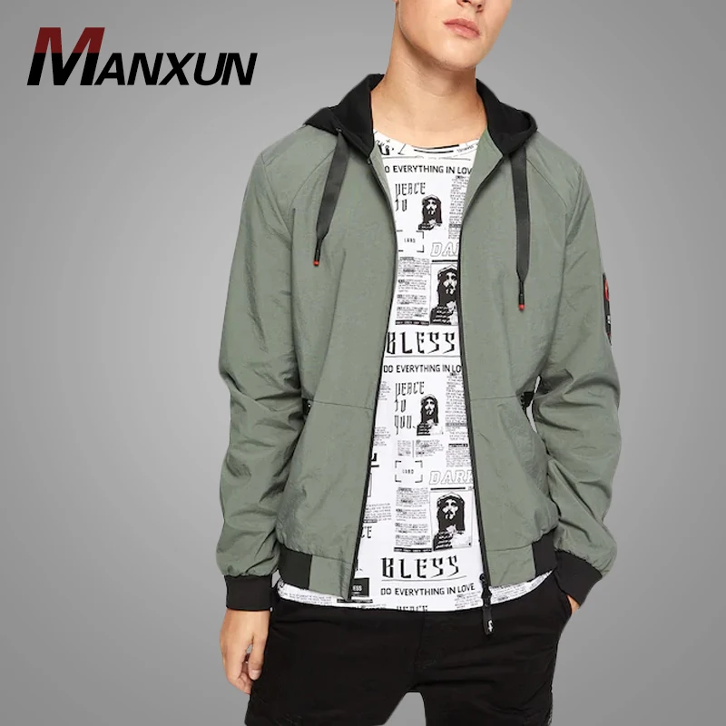 2018 Hot Sell Men Hooded Bomber Jacket Custom Zipper Polyester Jacket Wholesale Autumn Jackets