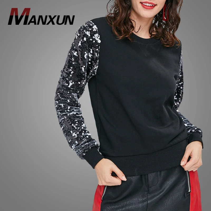 Fashion Women Round Collar Blouse Latest Sequin Sleeve Design Casual Tops Hotsale Plus Size Sweatshirt