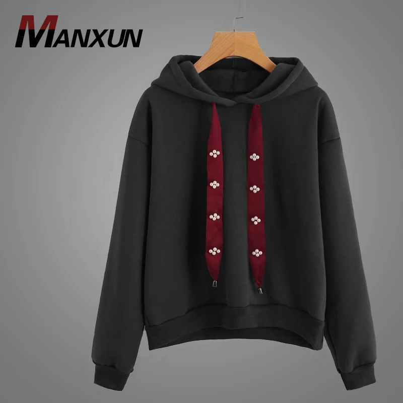 Fashion Women Clothing 2018 Latest Blank Hoodie High Quality Beads String Design Casual Outwear Hoody Long Sleeve Sweatshirt